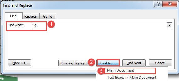 Enter "^g" in "Find what" Box->Click "Find In"->Choose "Main Document"